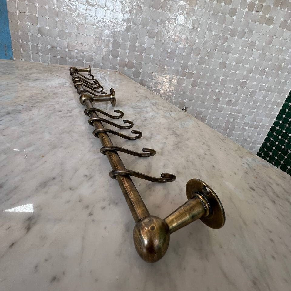 Bronze Pot Rack with Brass Rod Rail and Hooks