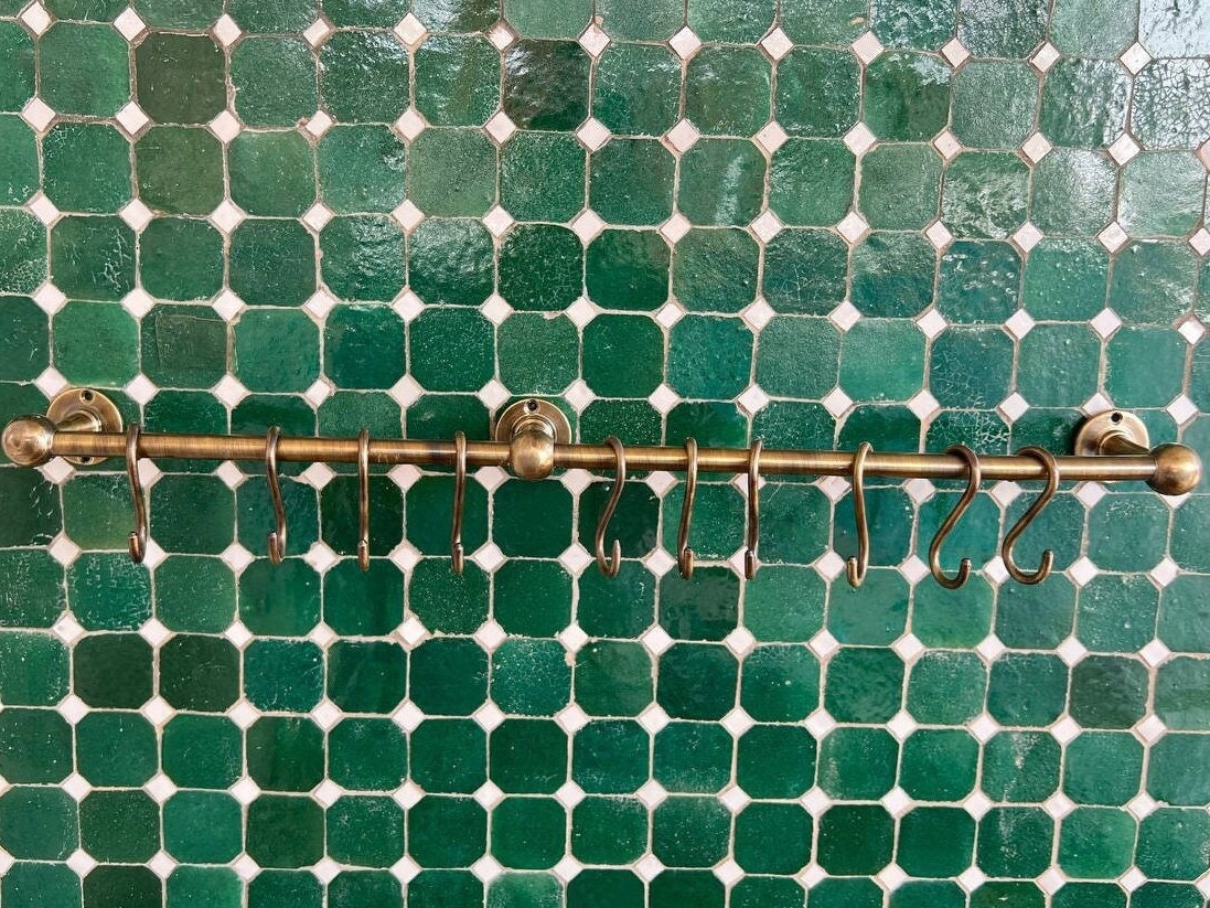 Bronze Pot Rack with Brass Rod Rail and Hooks
